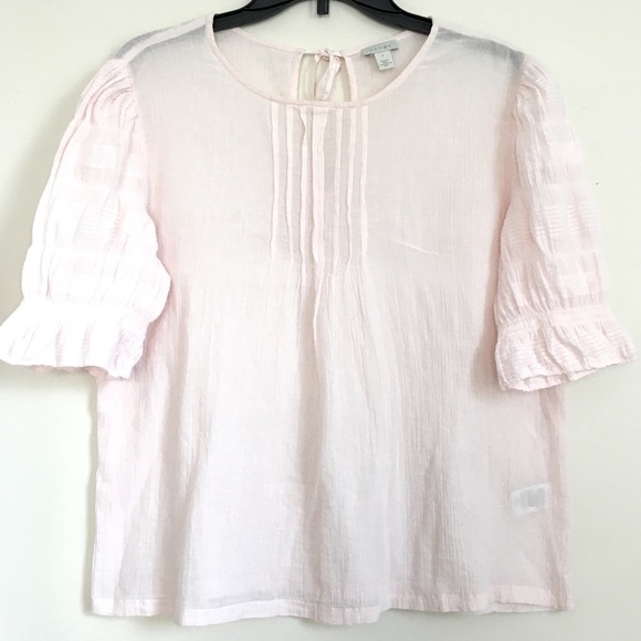 hinge Tops - Hinge soft pink Crinkle Gauze short sleeves semi sheer blouse Top